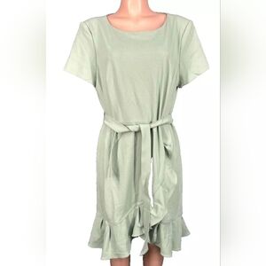 Calvin Klein Sage Green Short Sleeve Boat Neck Tie Wrap Ruffle Skirt Sz 16 NWT